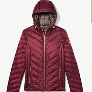 Michael Kors Reversible Burgundy Quilted/Puffer Jacket With Hood, Medium
